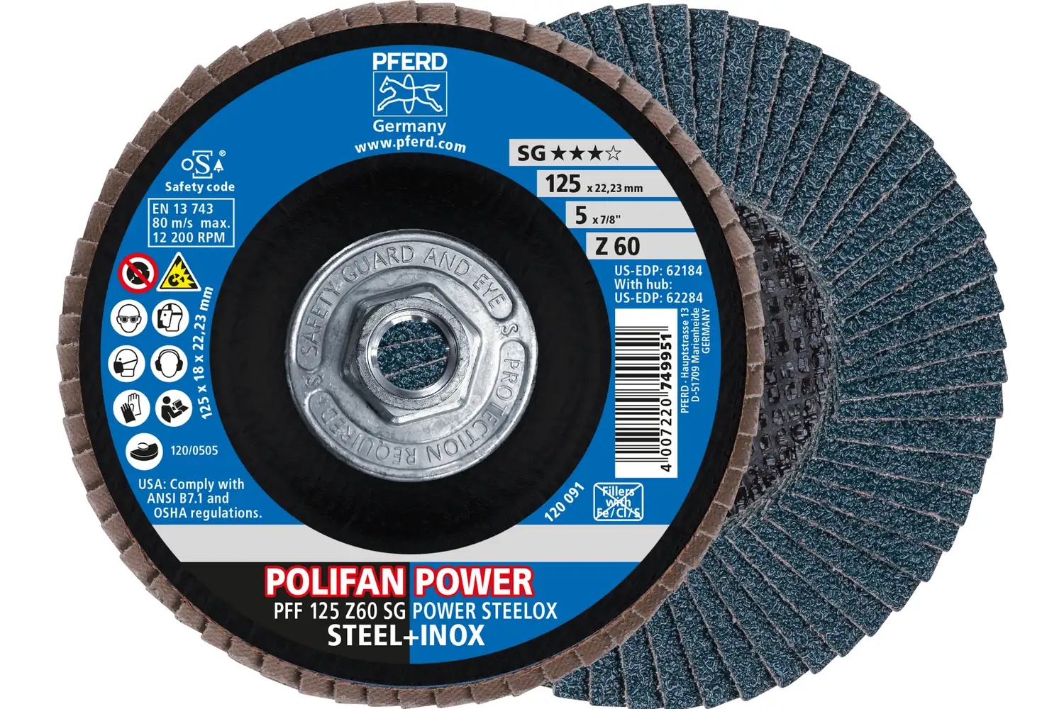 Picture of Pferd Flap Disc, 5" x 5/8-11, Z SG Power Steelox, 60 Grit, T27, Flat, Zirconia
